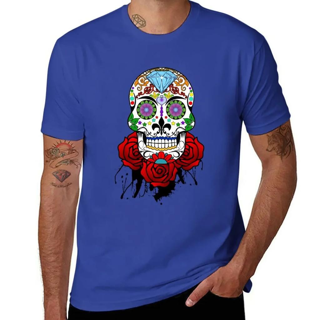 Sugar Skull and Roses T-Shirt Aesthetic Clothes Blacks Plain White T Shirts Men
