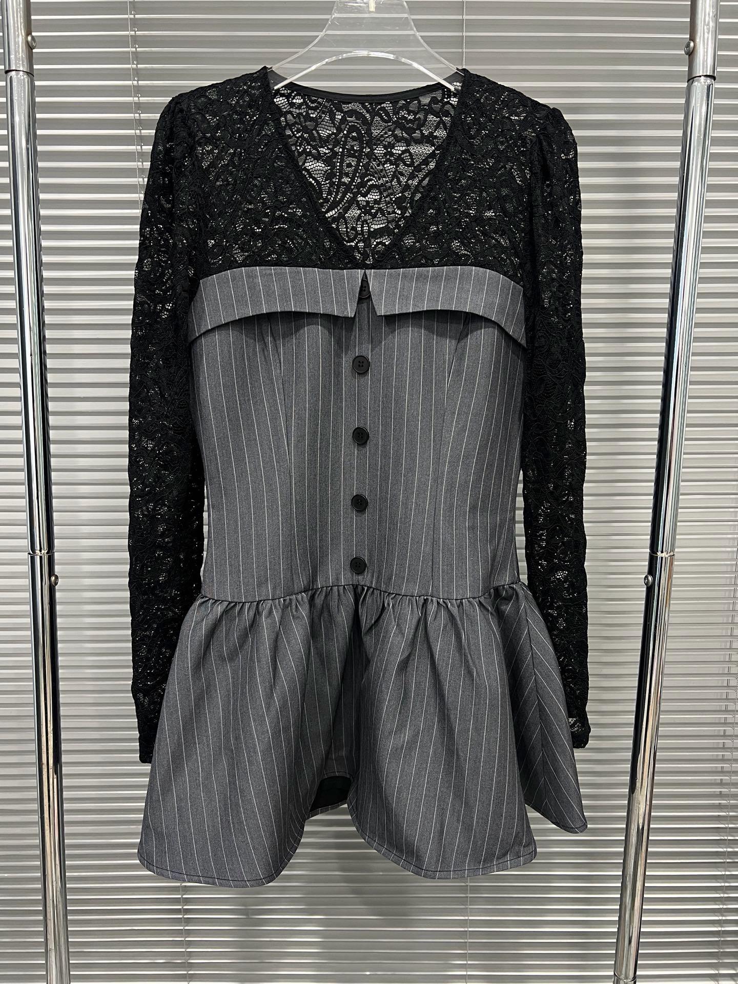 Spring 2026 Slimming Old Money Style Waist-Cinched Striped Lace Suit Dress Small черный серый