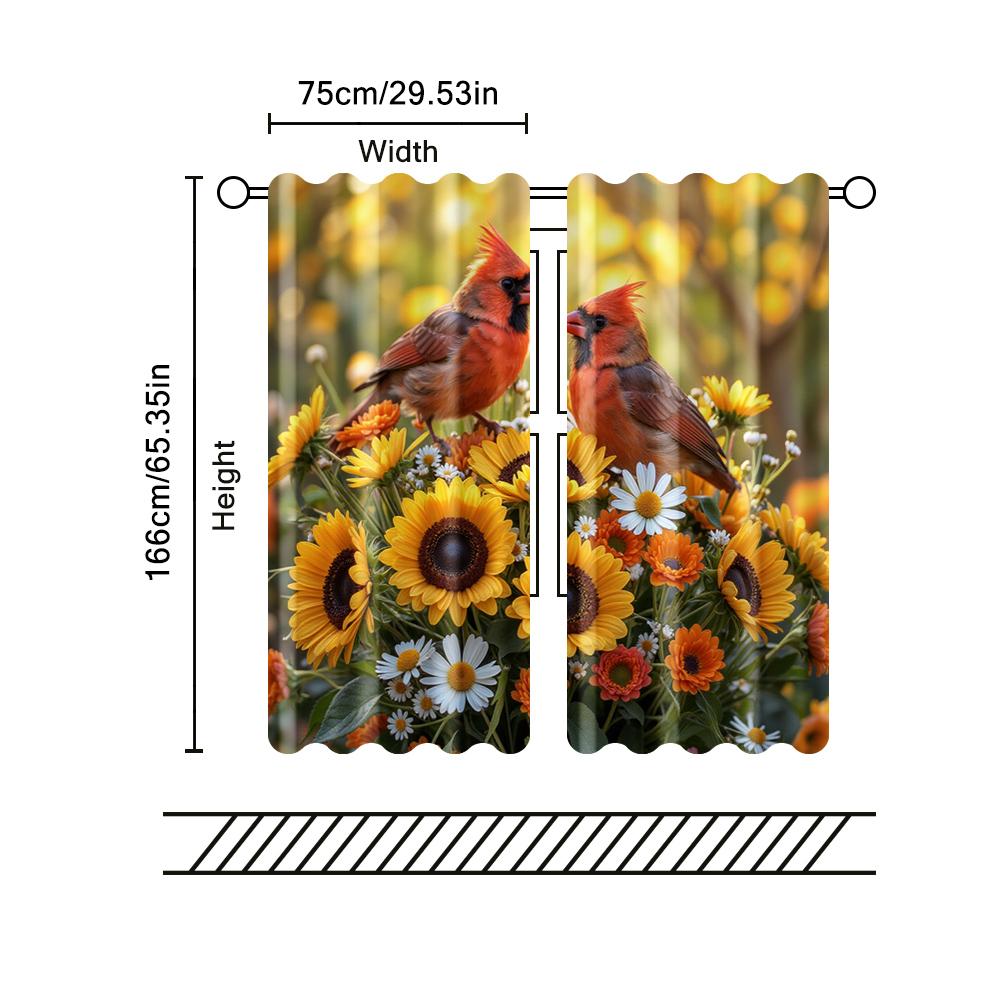 2 Pcs   Filtering Curtains (excluding Rods   Non-movable   Without Batteries) Sunflower & Red-Billed Bird for Use In Bedrooms and
