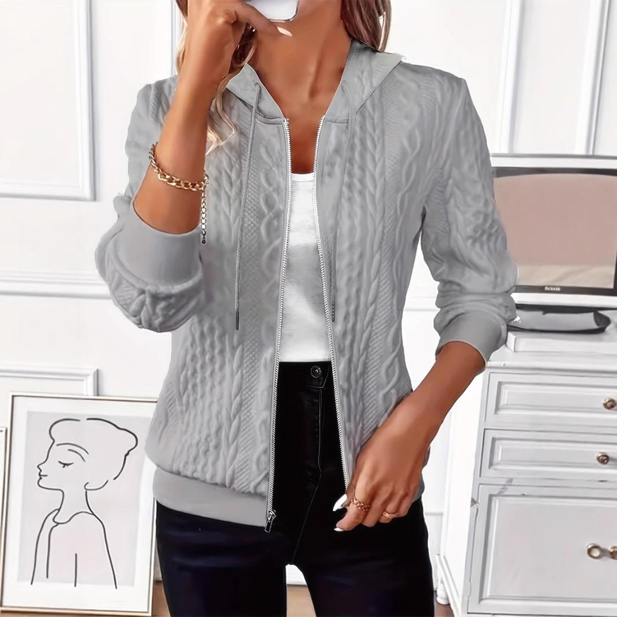 YiLi-Studio Nieuw effen kleur casual jasje, lichtbeige stof, jas met capuchon met opening aan de voorkant, damespullover met lange mouwen, rits en trekkoord S grijze kleur