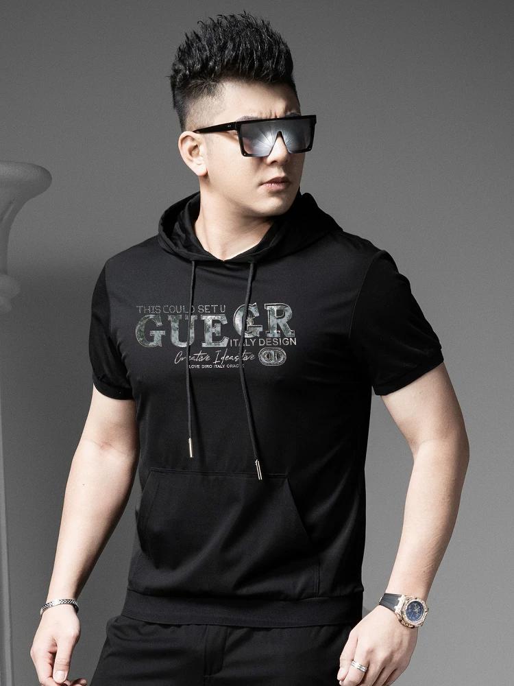 European Style 2025 Summer New Hooded Short-Sleeve T-Shirt for Men, Trendy Brand with Gold Print, Slim Fit Casual Half-Sleeve Sweatshirt