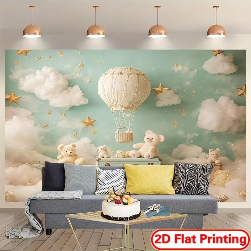 2D Teddy Bear Hot Air Balloon Backdrop Mint Green Cloud Baby Shower Photography Background