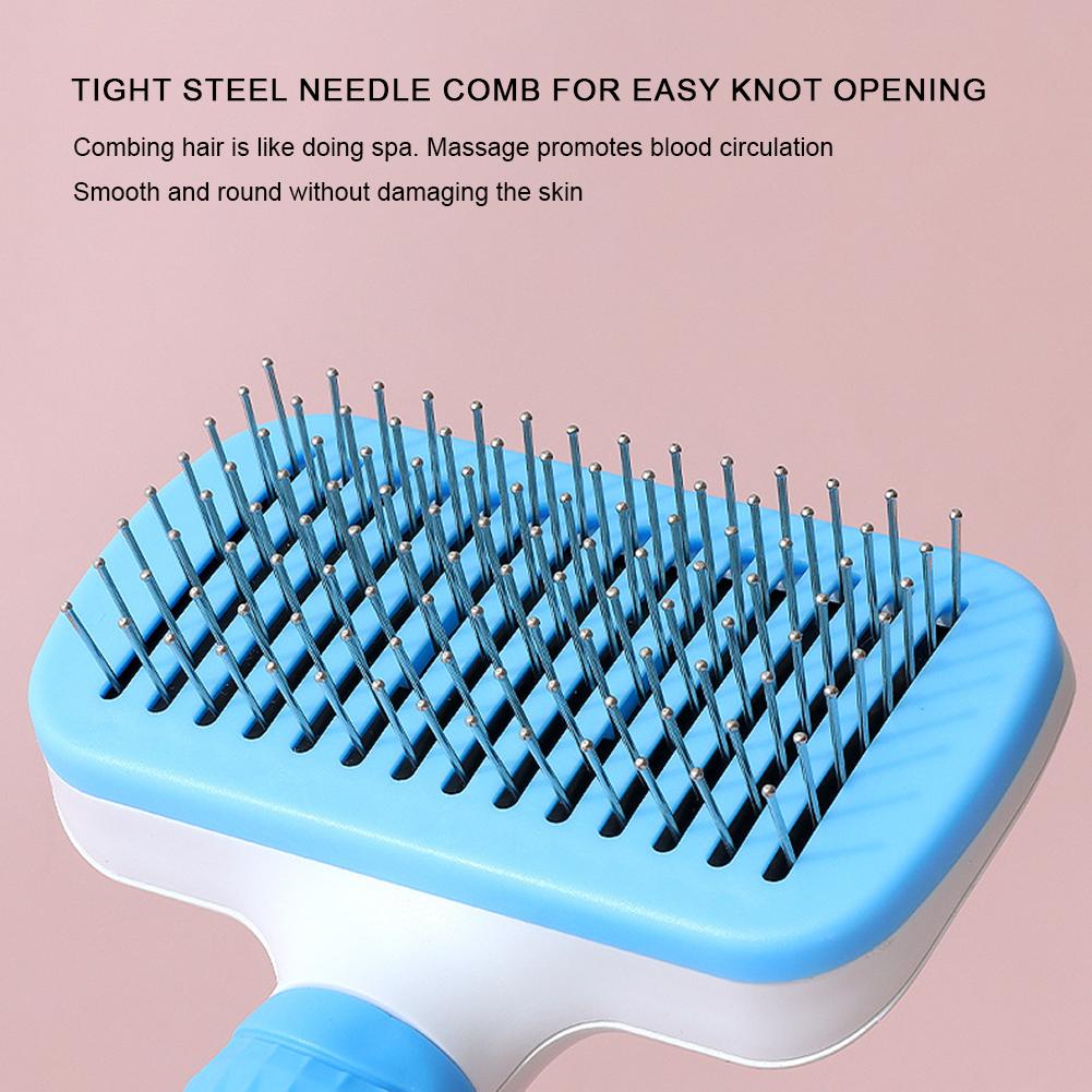 Hair Cleaning Brush Multifunctional Cats Massage Brush with Release Button Cat Shedding Comb Stainless Steel Needle Pet Supplies