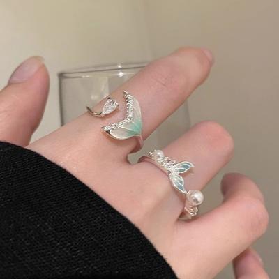 Korean Zircon Pearl Fishtail Open Ring Simple Temperament Exquisite Versatile Ring