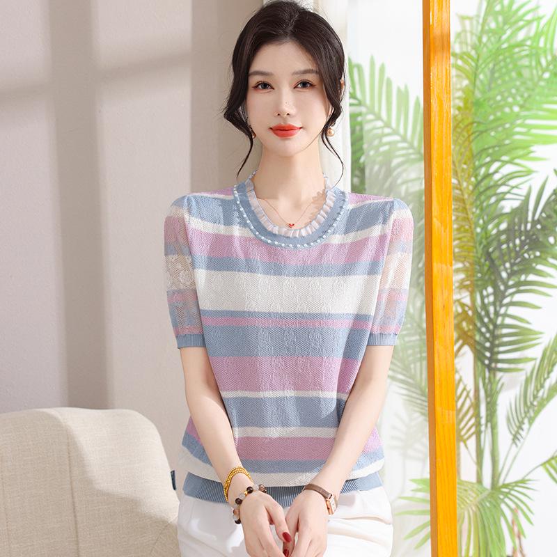 

Mom s New Style Plus Size Striped Short Sleeve T-Shirt for Middle-Aged and Elderly Women 4XL (Recommended 135-150 lbs)