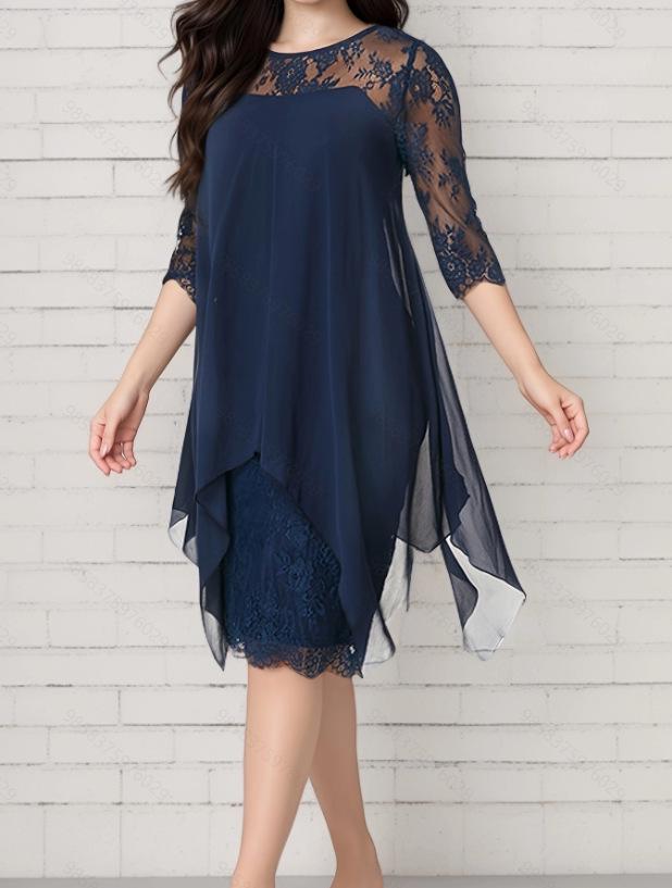 Spring/Summer 2026 Elegant Lace Patchwork Chiffon Dress with Three-Quarter Sleeves