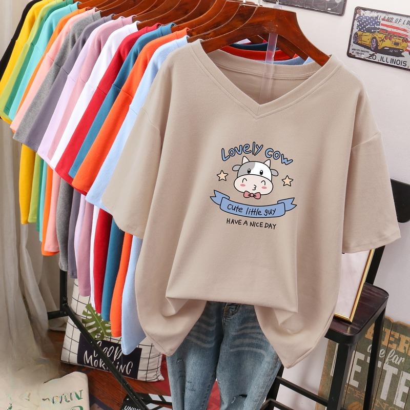 

Футболка с коротким рукавом, Свободного кроя, Приталенный топ с V-образным вырезом с принтом для женщин 5XL абрикосовый