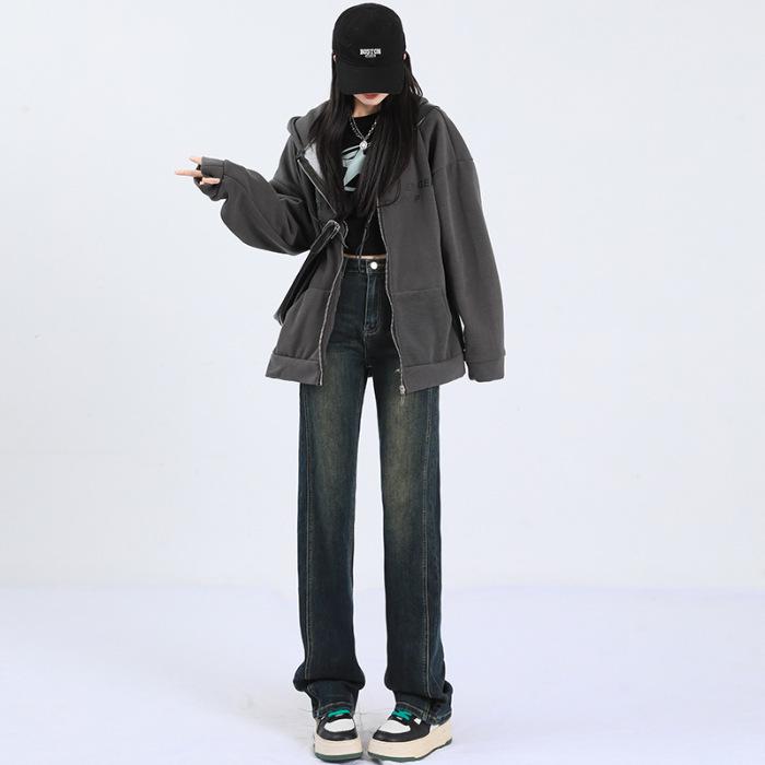 Women s 2025 Retro Blue Patchwork High-Waist Straight-Leg Jeans L