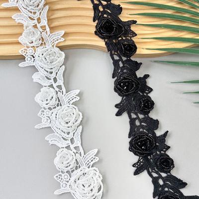Black And White Handmade Beads Three-Dimensional Flower Embroidery Barcode Clothing Skirt Shirt Decoration Diy Jewelry Lace