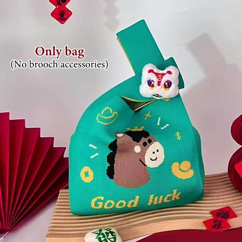 2026 New Year Cartoon Mascot Pony Knitted Gift Bag Handheld Candy Bag Large Capacity Knot Wrist Bag Cute Reusable Shopping Bags