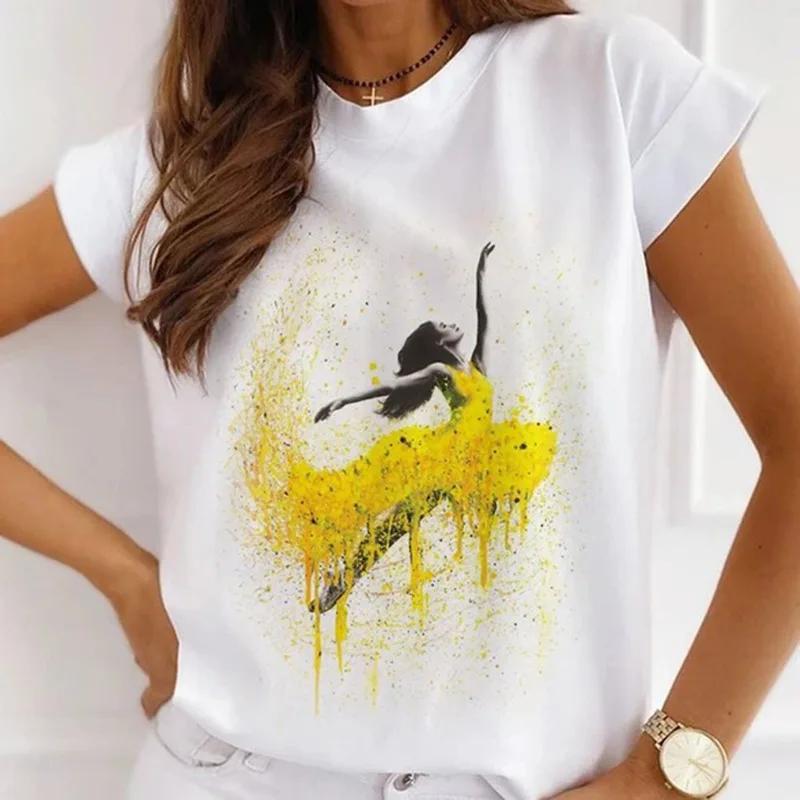 Stylish African Womens Watercolor Ballerina Girl Cute Cartoon Short Sleeve Tshirt Summer Tops Vintage Clothes Oversized Tee