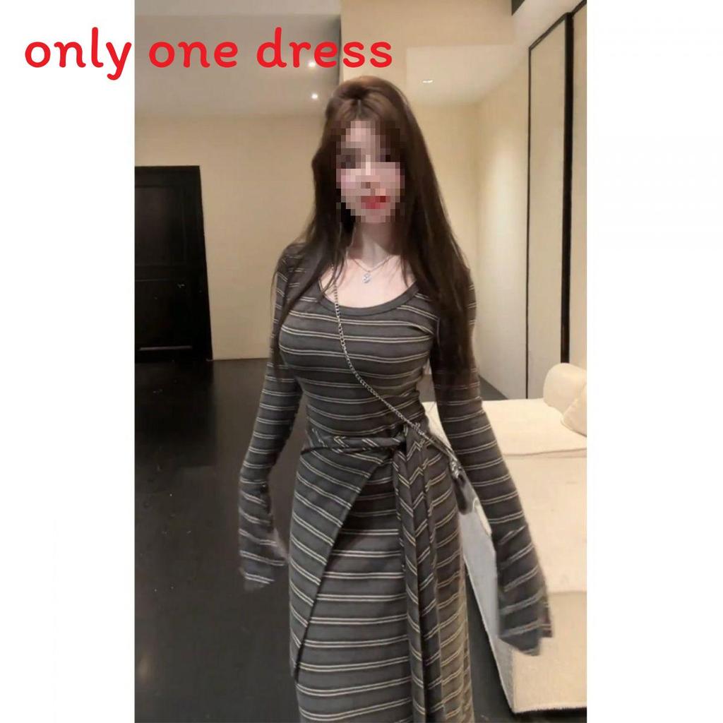 Vintage Striped Knit Dress With Long Sleeves For Spring Retro Style Women