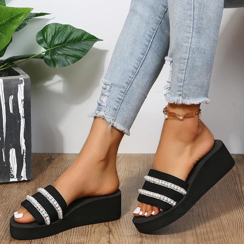 Fashion Pearls To Decorate Slippers Woman Summer Wedge High Heel Sandals for Women Daily Lightweight Soft Bottom Non Slip Slides Mujer