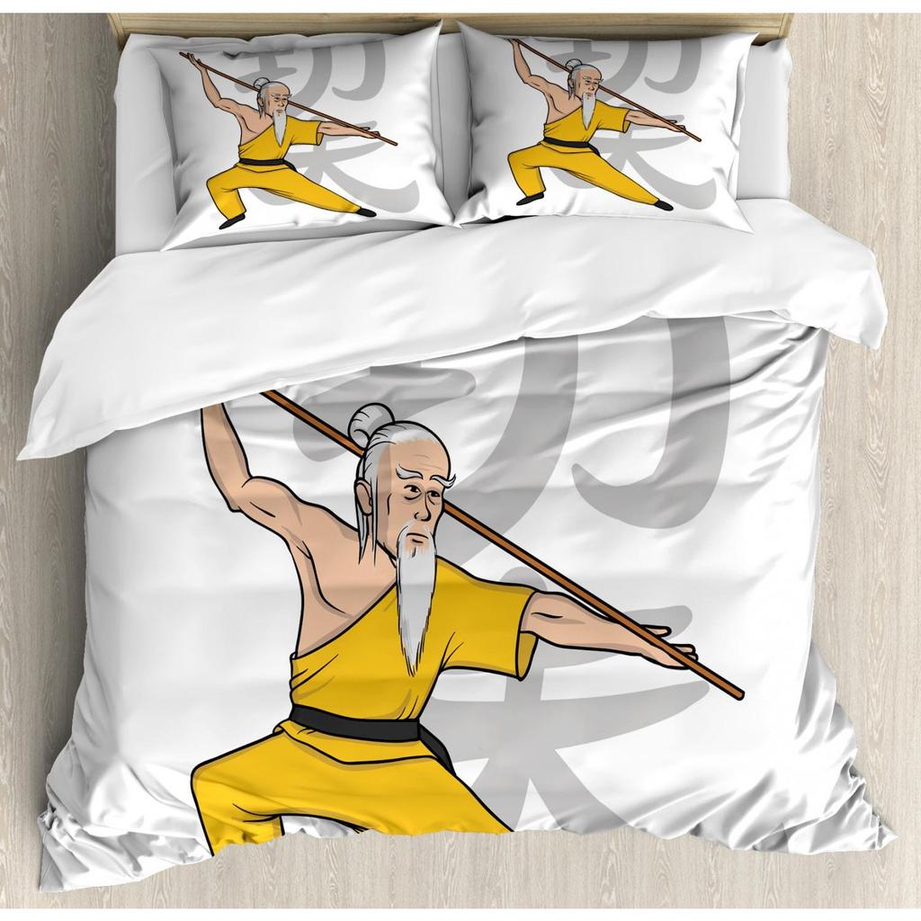 Chinese Kung Fu Polyester Duvet Cover Set Eastern Martial Art Sports Themed Cartoon Warrior In Traditional Clothes For Kids Teen