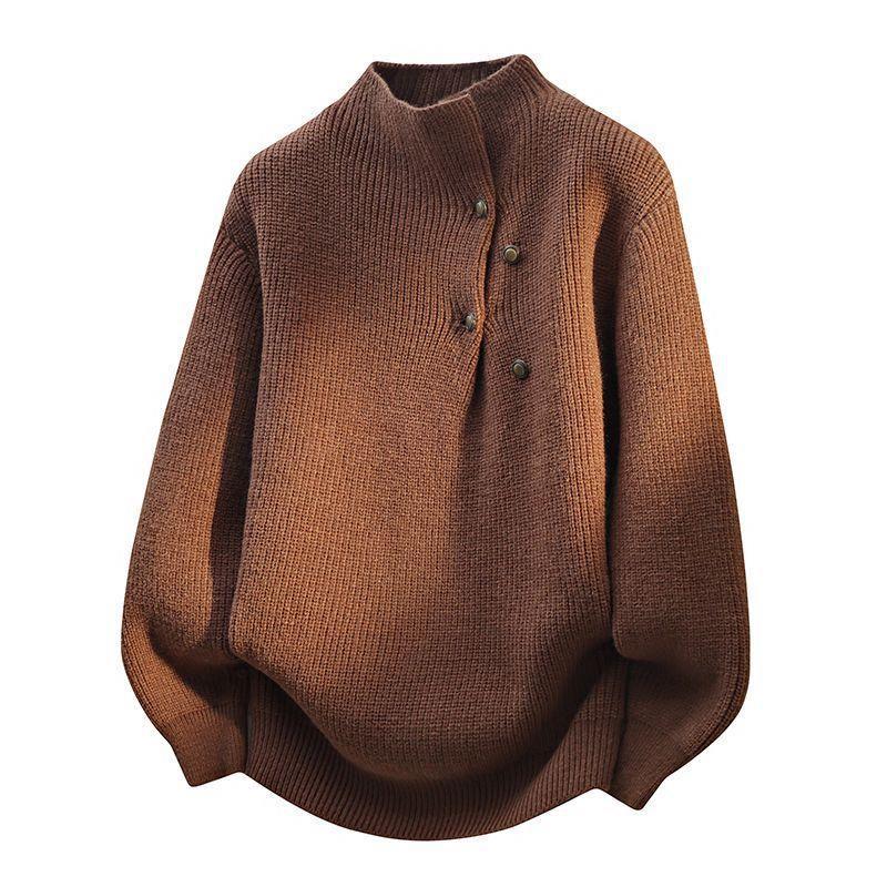 2025 Button-Design High Neck Gray Knit Sweater: Retro Loose Fit for Autumn/Winter