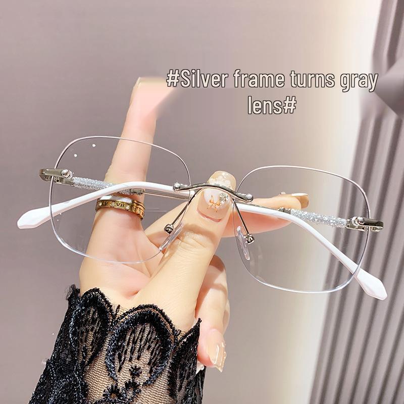 High-End Women's Blue Light Blocking Frameless Myopia Glasses with Color-Changing Starry Sky Design