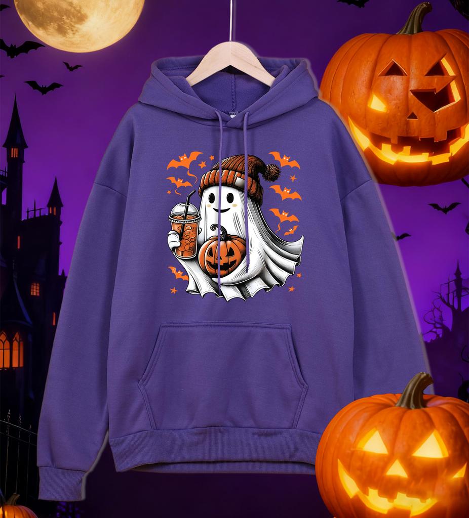 Happy Halloween Iced Drinks Ghost Design Men Hoody Autumn Hip Hop Pullover All-Match Oversized Hoodie Fleece Pocket Sportswear