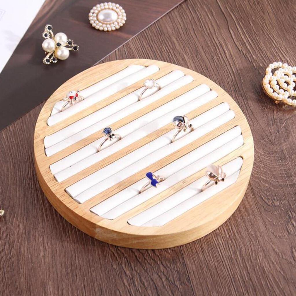 Round Wooden Jewelry Showcase Ring Display Tray Organizer White Leather