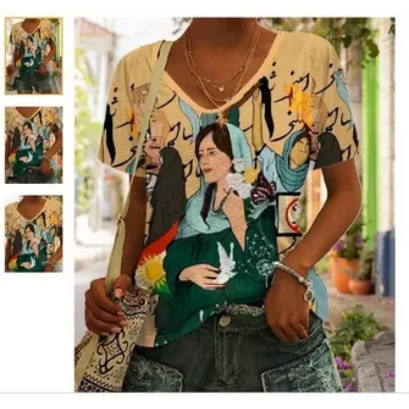 Summer V-neck 3D Art Facial Pattern Printed Top Fashionable Casual Short Sleeved Women's T-shirts