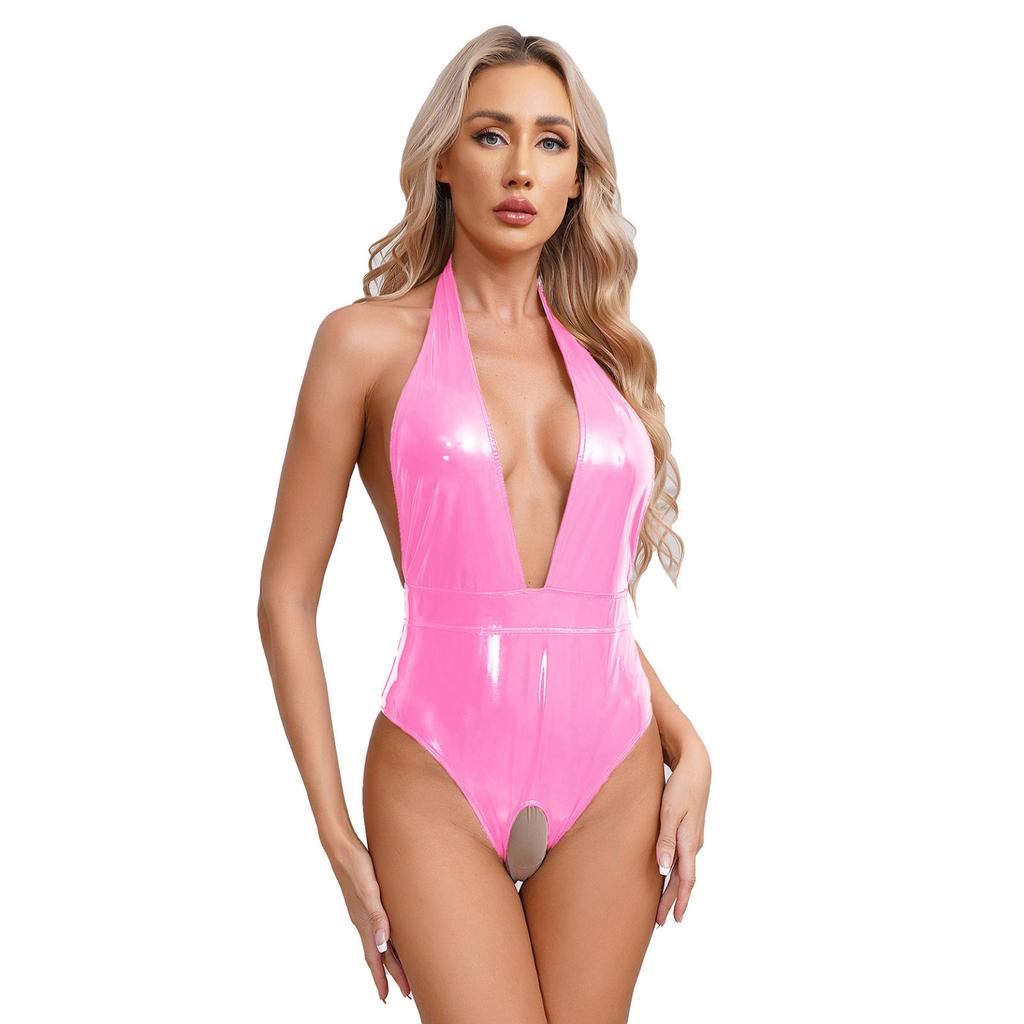 Damen-Bodysuit aus Lackleder im Wet-Look, Neckholder, tiefer V-Ausschnitt, ouvert, rückenfrei, ärmelloser Catsuit