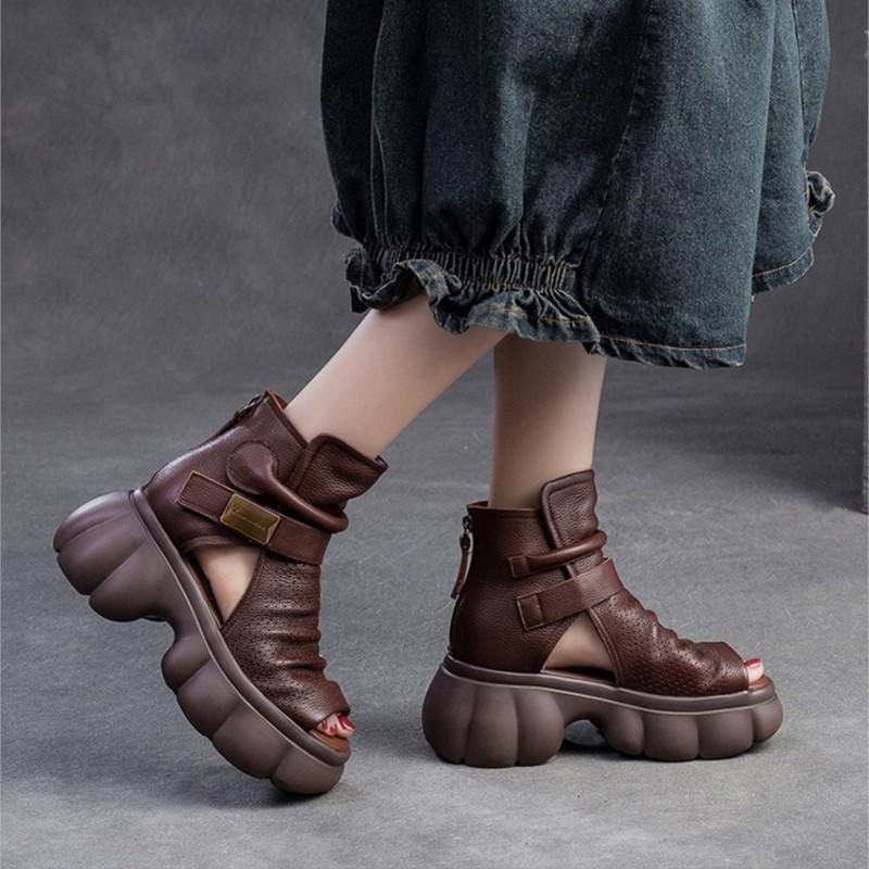 Johnature Thick Sole Height Increasing Retro Hollow-out Peep Toe Roman Sandals Versatile Women's Platform Shoes