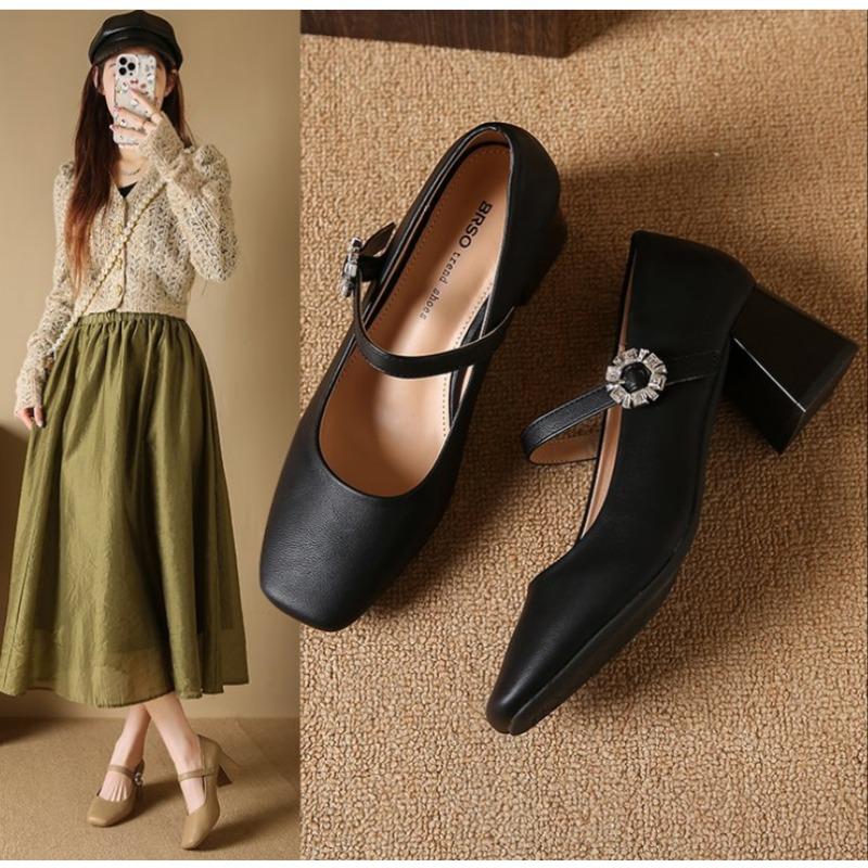 

Мода 2025 Женские туфли-лодочки Винтажные Лаконичные Элегантные Офисные Вечерние Натуральная обувь Весна Лето Толстый каблук 34 чёрный