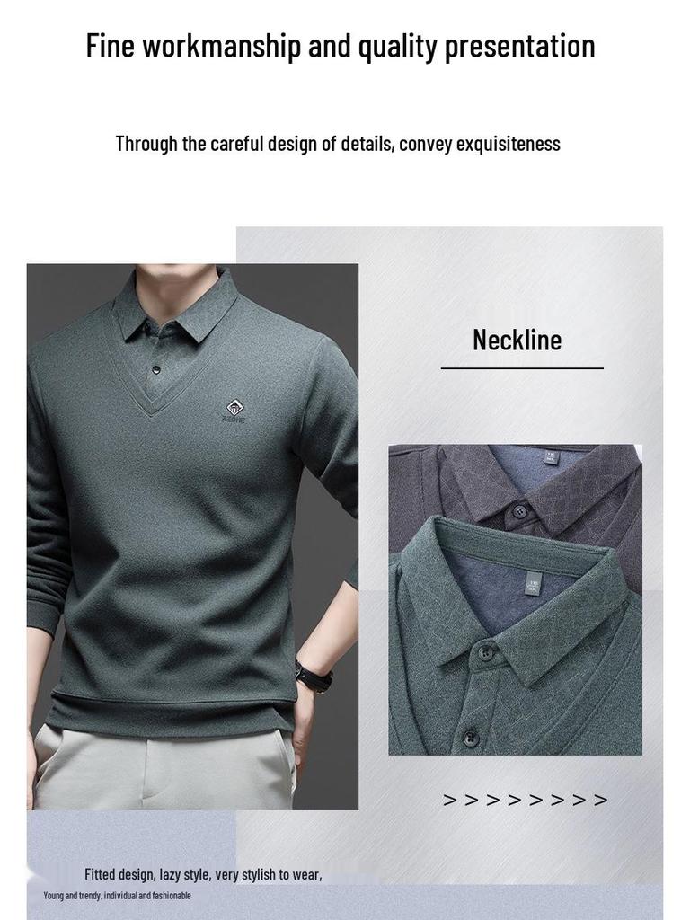 Men's Middle-Aged & Elderly Business Casual Faux Two-Piece Sweater - Warm, Velvet-Enhanced Knit Base Layer with Lapel