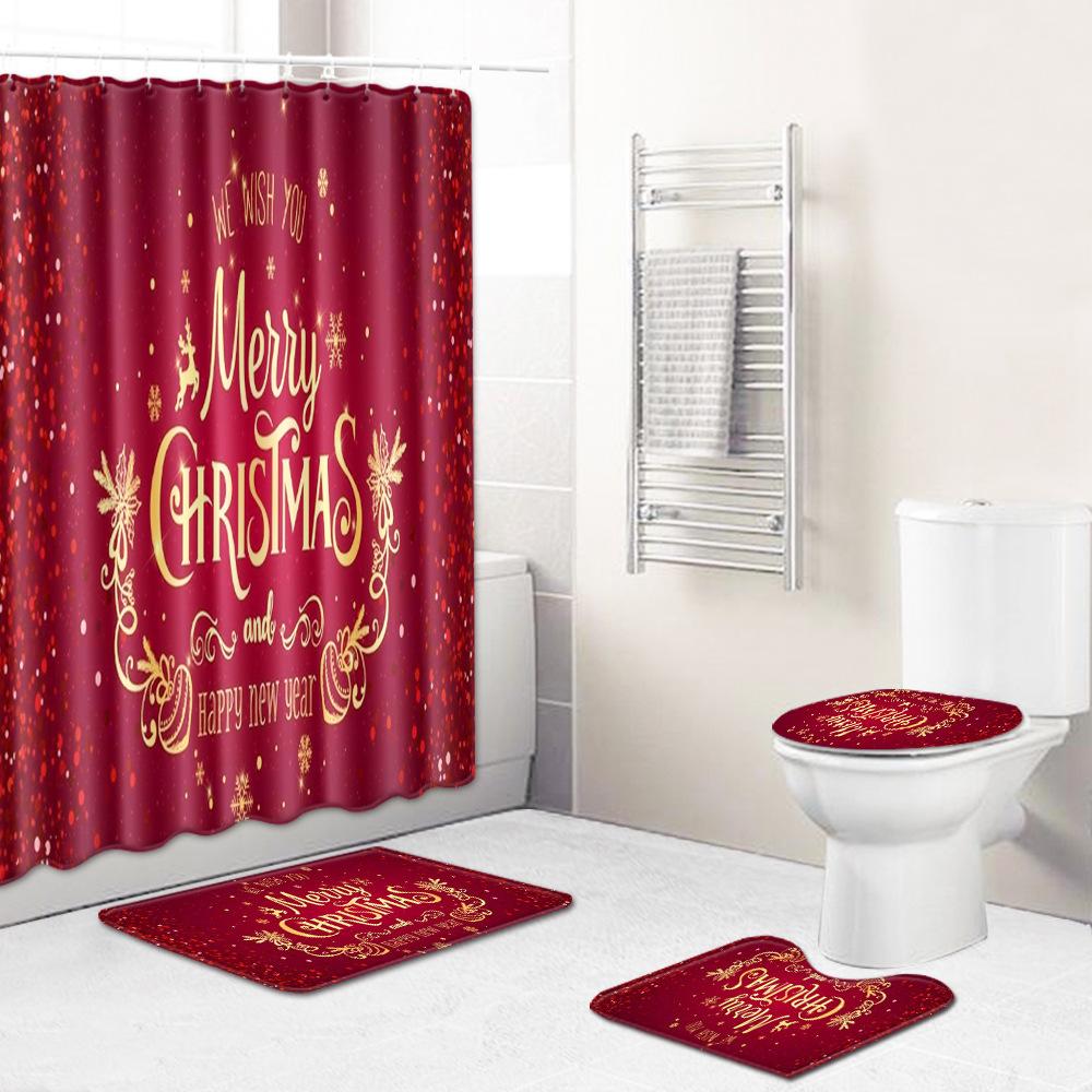 Christmas Toilet Seat Shower Curtain Four-Piece Printed Floor Mat Set Bathroom Floor Mat Bedroom Absorbent Door Mat Carpet