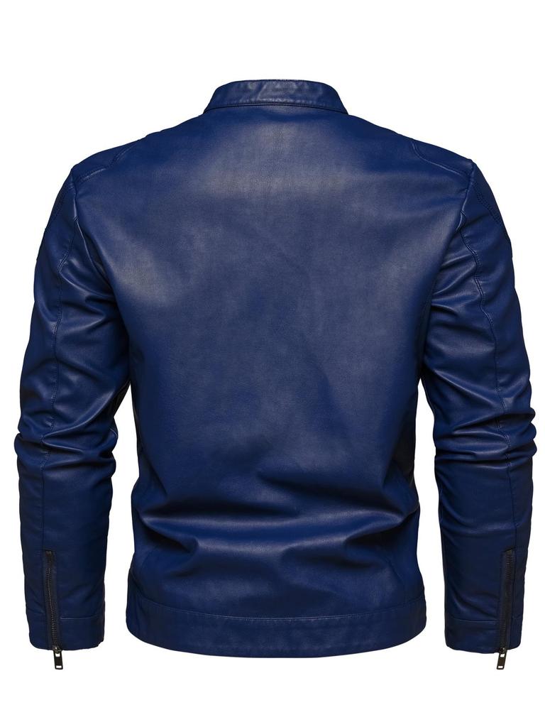 Men's PU Leather Motorcycle Jacket, Casual Retro Stand Collar Outerwear