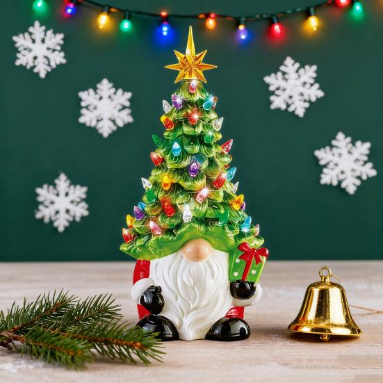 Lighted Christmas Gnome Tree 6" Resin Faceless Old Man Christmas Tree with Multicolored Lights