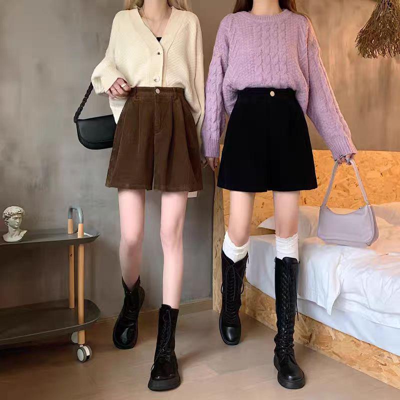 Women's A-Line Black-Coffee Corduroy Shorts with Sweatshirt, 2025 Spring/Autumn New Style, Casual Wide-Leg Design