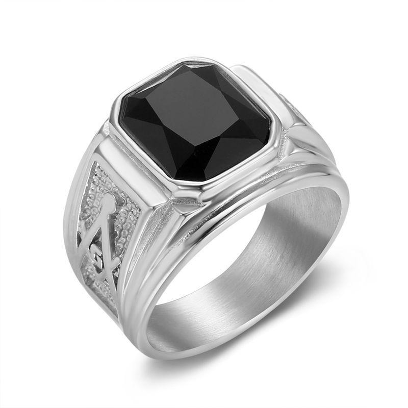 

Мужское ретро кольцо из нержавеющей стали с черным стеклом, масонское, панк-украшение US size 12 серебряный