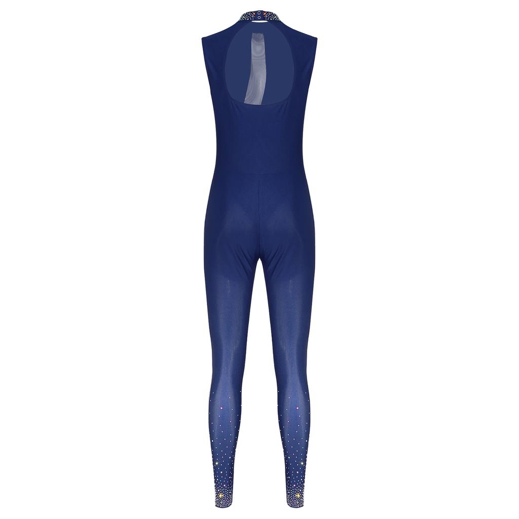 Combinaison de compétition pour femme S-XXL: Combinaison moulante sans manches à dos creux et strass pour gymnastique, yoga, entraînement