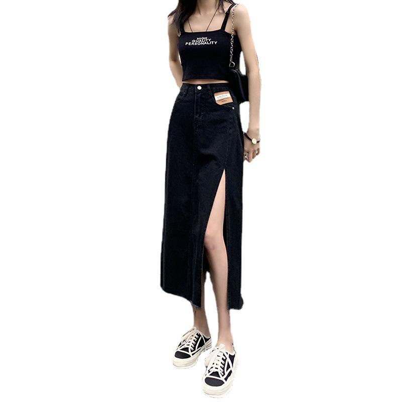Black High Waist A-Line Denim Skirt with Side Slit - Trendy Summer Fashion for Women