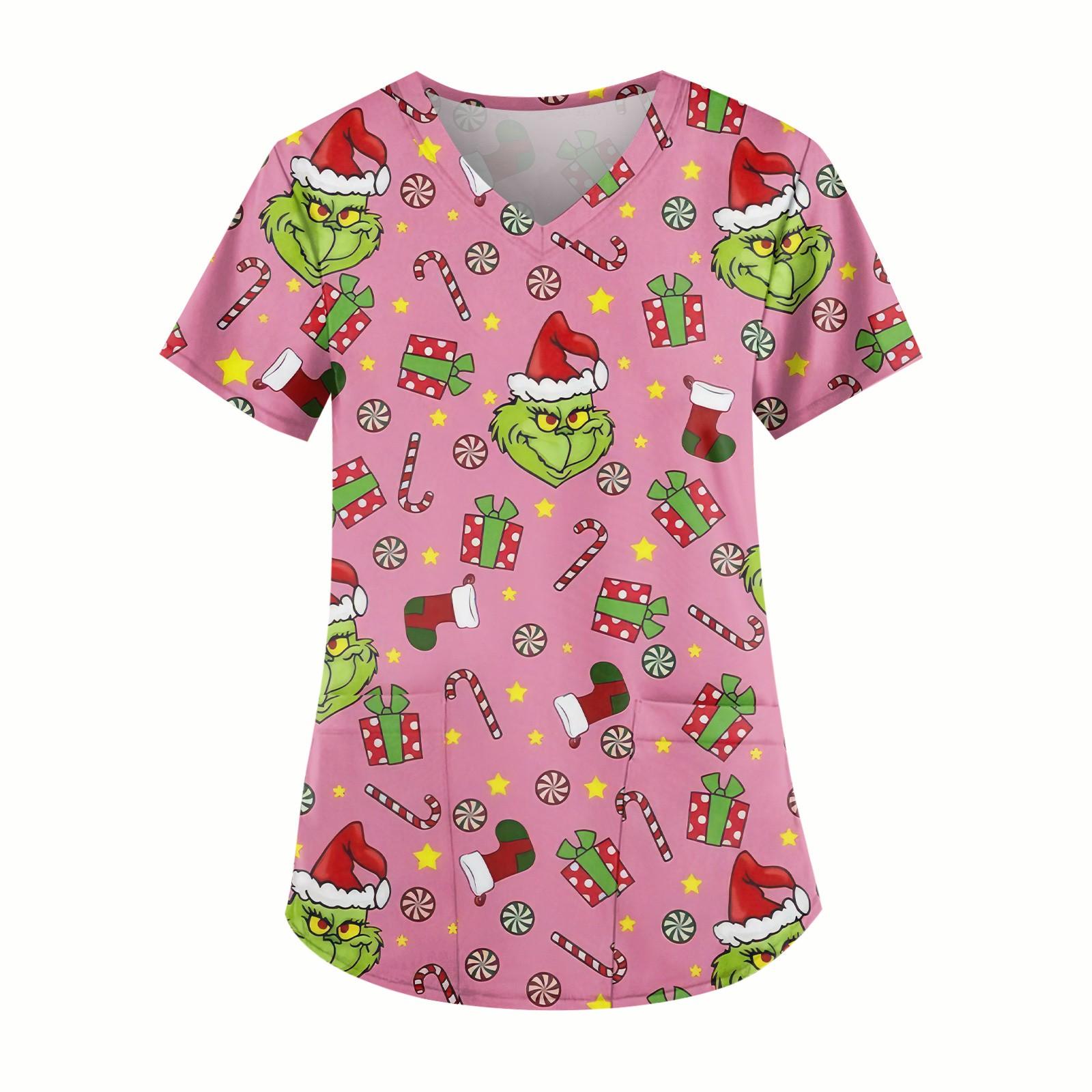 

Плюс Размер Печатный Рабочий Униформа Топы Для Женщин Крест V-образный вырез Печати Короткий Рукав Забавные Футболки Рабочая Одежда Футболка С Карманами XXL розовый