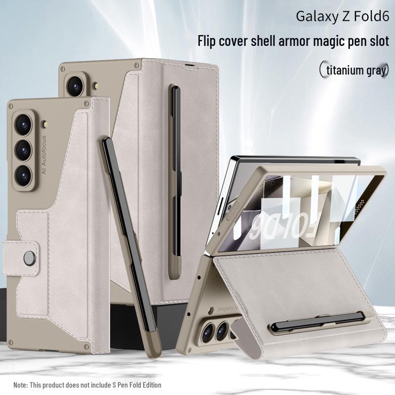 Samsung Z Fold 6 Armor Flip Leather Case with Pen Slot - Full-Wrap Business Shell