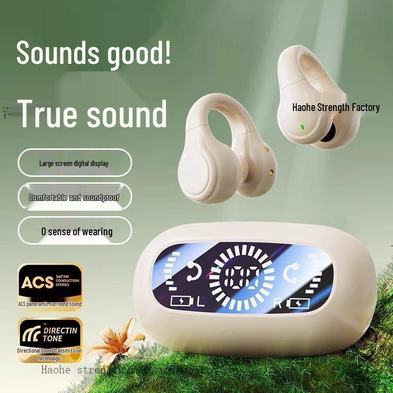 Bluetooth Bone Conduction Clip-On Earbuds with Smart Display & Extended Battery