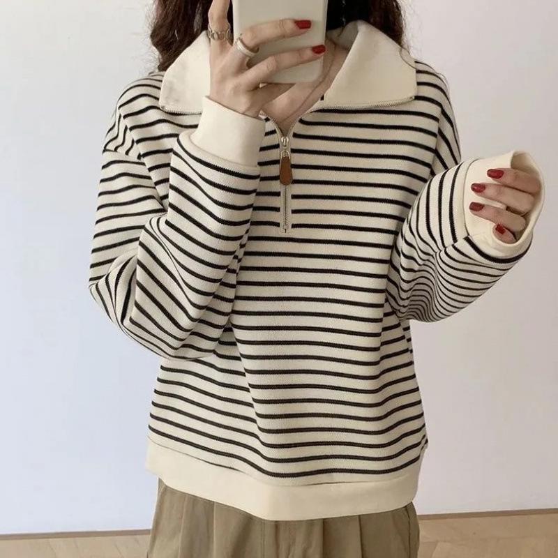 Damen Petites Gestreifte Kapuzenjacke mit Revers, Aprikot, Herbst 2024 Langarm Pullover