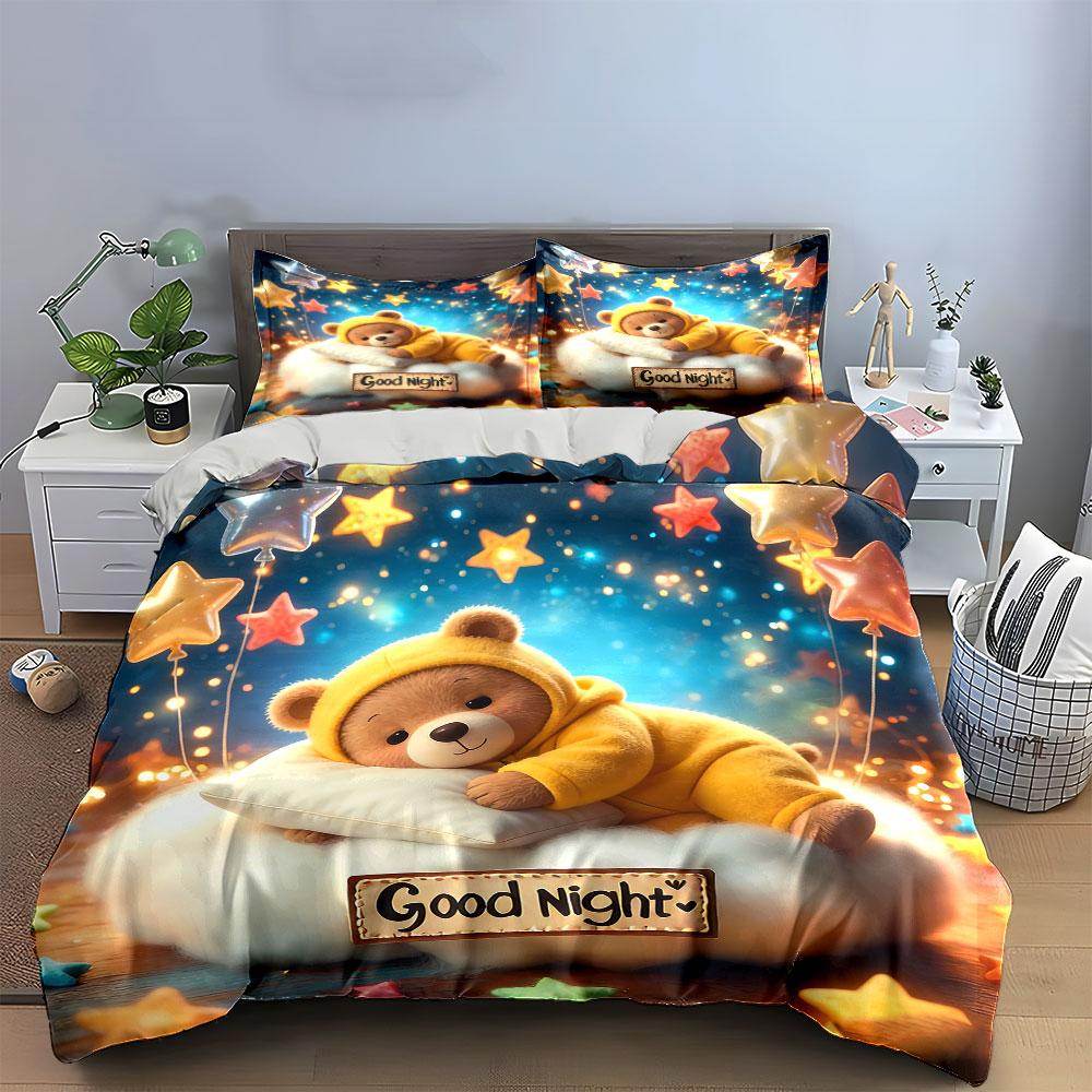 Starry Night Teddy Decoration Set Soft Comfortable Duvet Cover Bedding Set Included 1*Duvet Cover & 2*Pillowcases, Gift