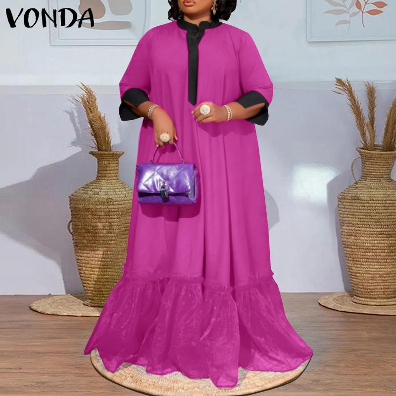 

VONDA женские большие размеры с откидной шеей и длинным рукавом, подол, лоскутное платье цвета столкновения, длинные платья