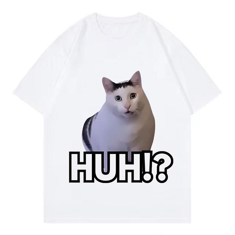 Retro Cat Saying Huh Meme T Shirts Unisex Women Cat Tshirt Aesthetics Round Neck Short Sleeve Trendy Tee Shirt Streetwear Tops