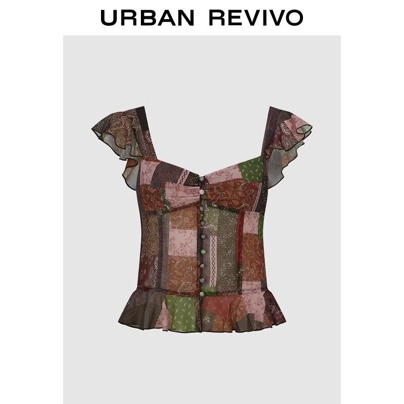 UR2026 Women s Retro Patchwork Button-Front Shirt XS