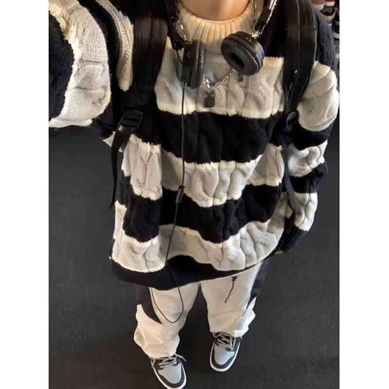 Men s Retro Color Block Cable Knit Sweater - Autumn/Winter Loose Pullover XL