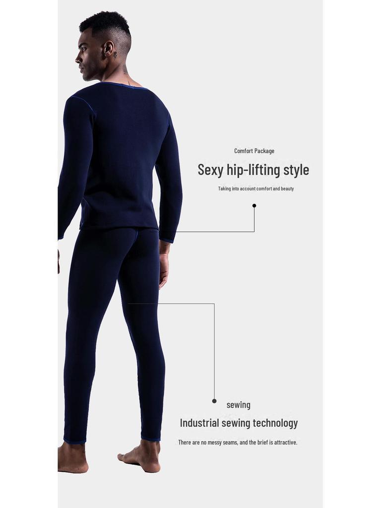 Thermounterwäsche-Set für Herren: Rundhals, V-Ausschnitt, Samtgefüttert, Kältefest, Herbst/Winter Baumwollpullover und Hose.