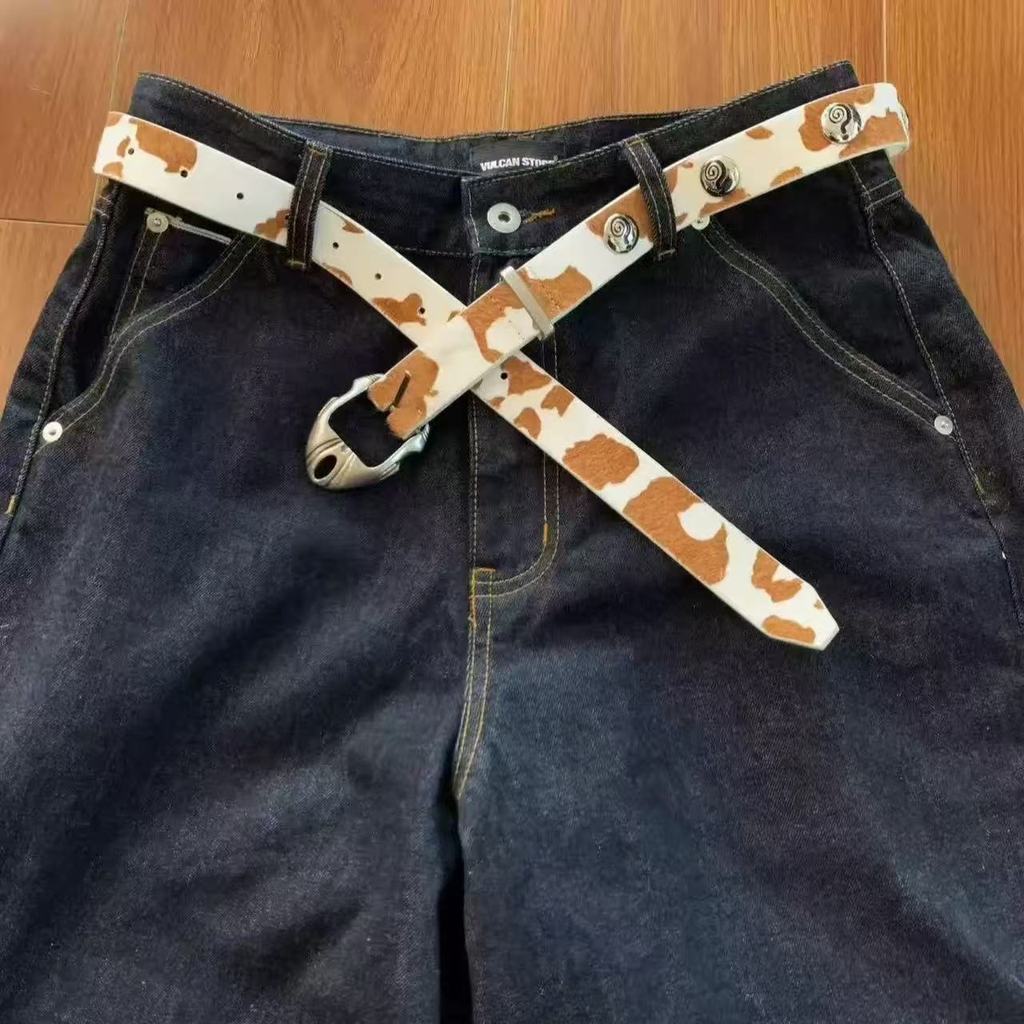 Pu Leather Cow Print Belt For Women With Metal Pin Buckle And Edgy Style