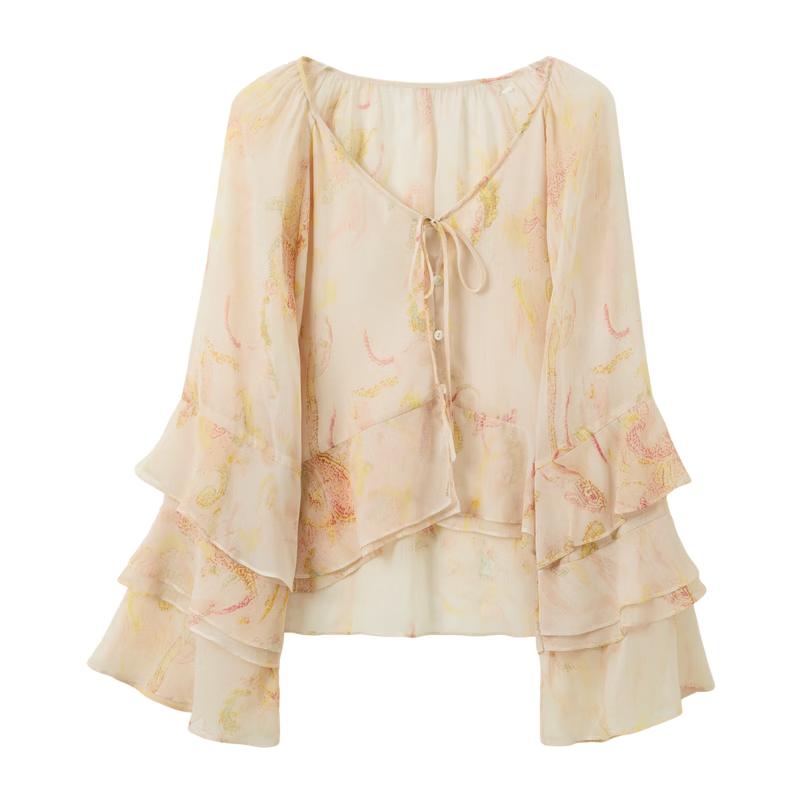 Women s V-Neck Ruffle Chiffon Print Cardigan Blouse M