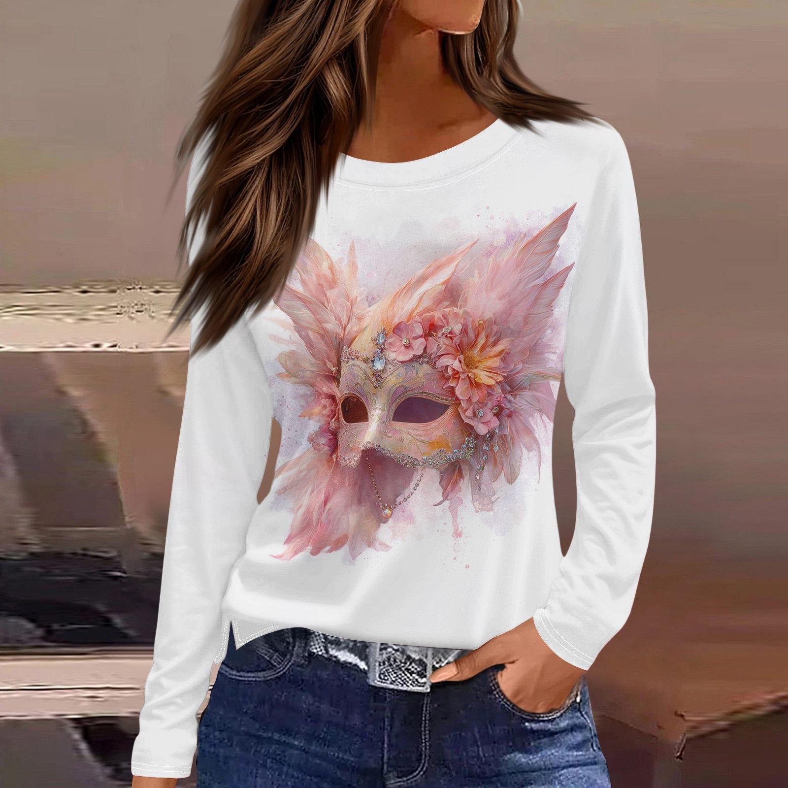 

Women s Fashionable Carnival Print Round Neck Long Sleeve Top With Slit Hem XL белый