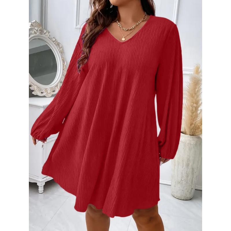 Women Fashion V Neck Long Sleeve Loose Plus Size Midi Dress