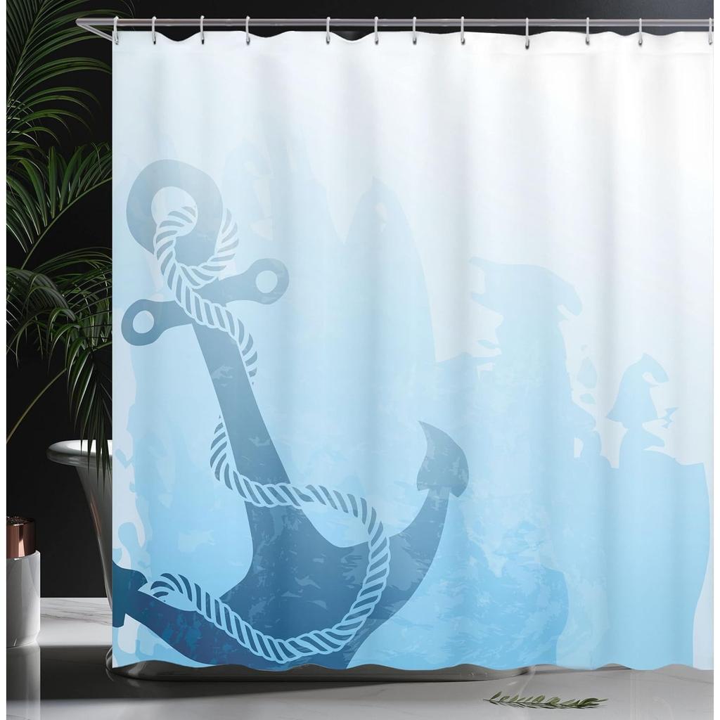 Nautical Anchor Shower Curtain - Monochrome Sea Bottom Design “Be Strong & Stable”, Bath Decor with Hooks