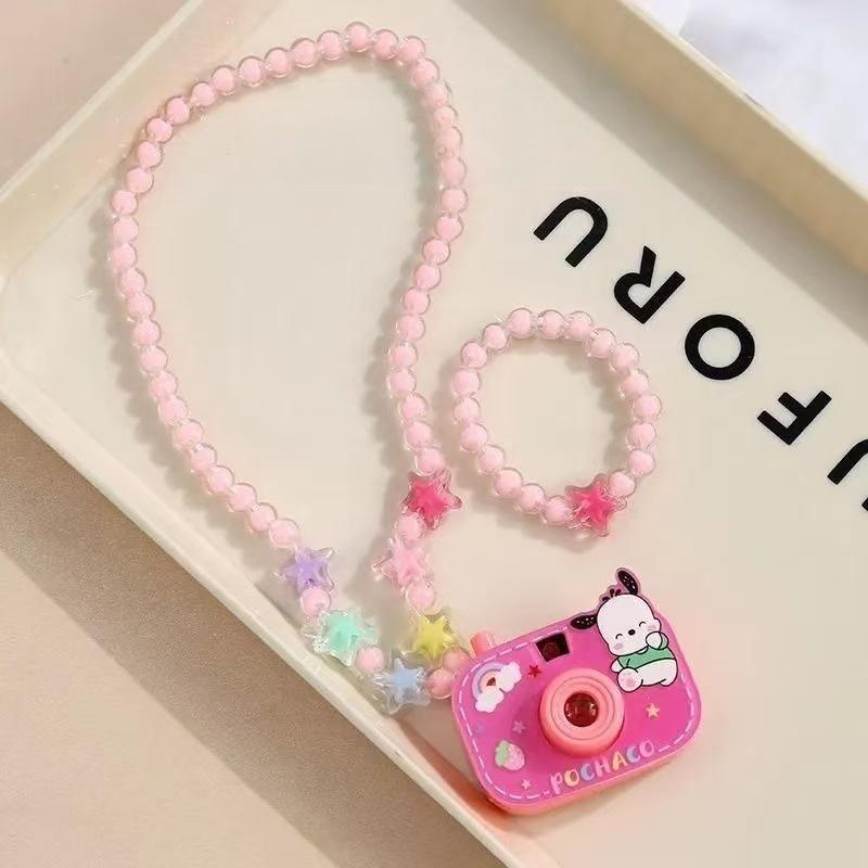 2Pcs Cute Glowing Toy Cartoon Sanrio Kuromi Children Projection Camera Beaded Necklace Bracelet Jewelry Girl Birthday Gift